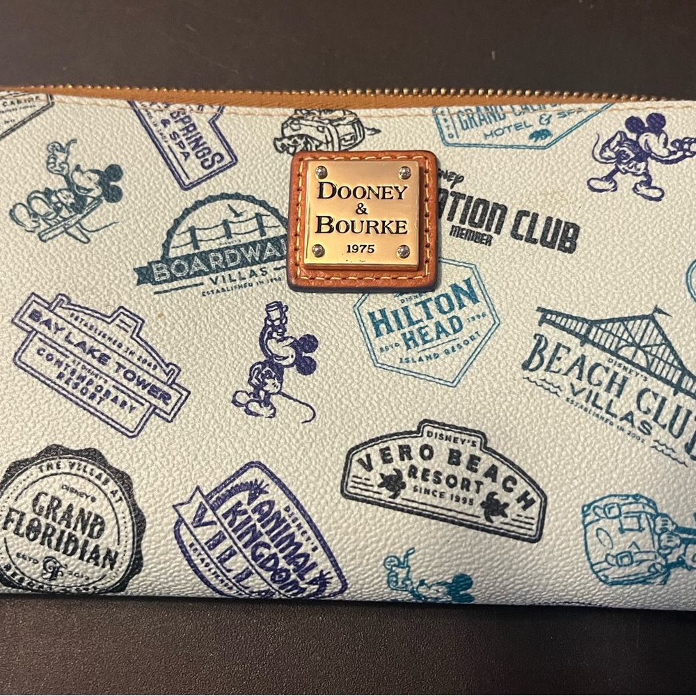 Dooney & Bourke White and Blue Wallet with Retro Travel Stamps